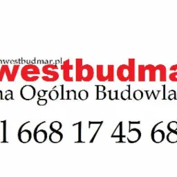 Logo firmy budowlanej Inwestbudmar z adresem strony internetowej i numerem telefonu.